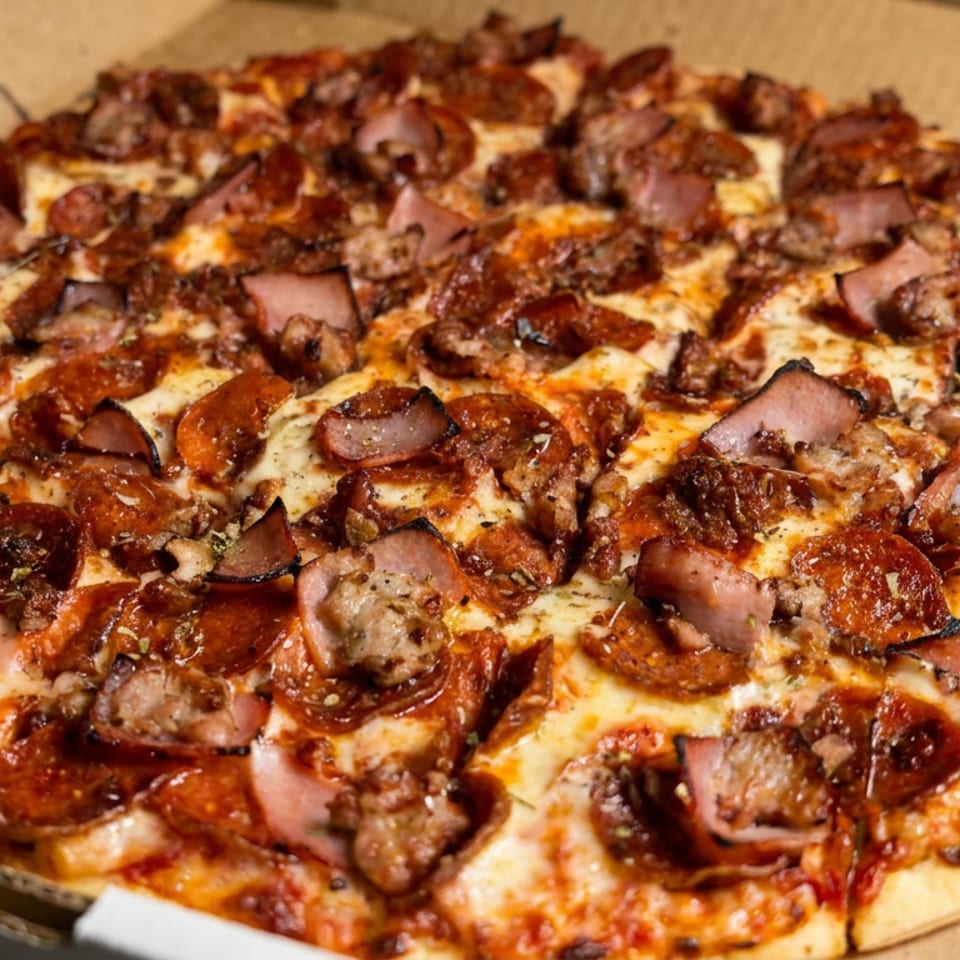 Large cheesy meat-lover’s pizza topped with pepperoni, ham, sausage, and ground meat in an open cardboard box.