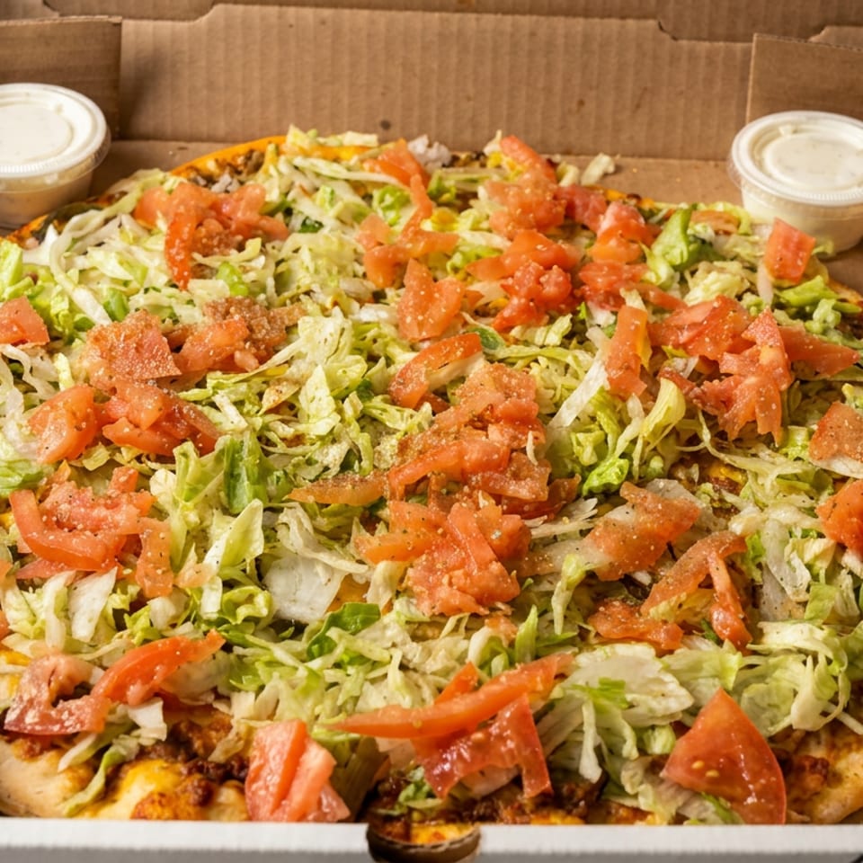 Large pizza topped with shredded lettuce and diced tomatoes in a cardboard box, surrounded by four cups of creamy dipping sauce.