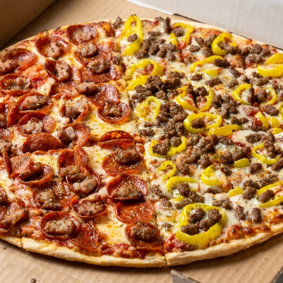 Large pizza in a cardboard box topped with pepperoni, sausage, ground beef, melted cheese, and yellow peppers.